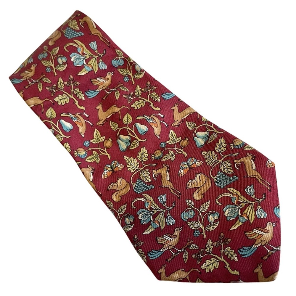 VTG SALVATORE FERRAGAMO SQUIRREL BUTTERFLY DEER BIRD FRUIT SILK 3.5" TIE‎ LUXURY